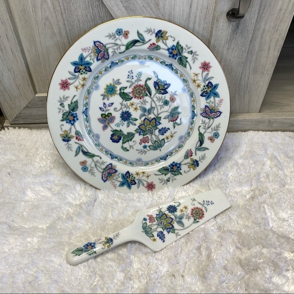 Andrea by Sadek Cake Plate & Server Set Multicolor Floral/Leaf Design W/GoldRim - Picture 5 of 9